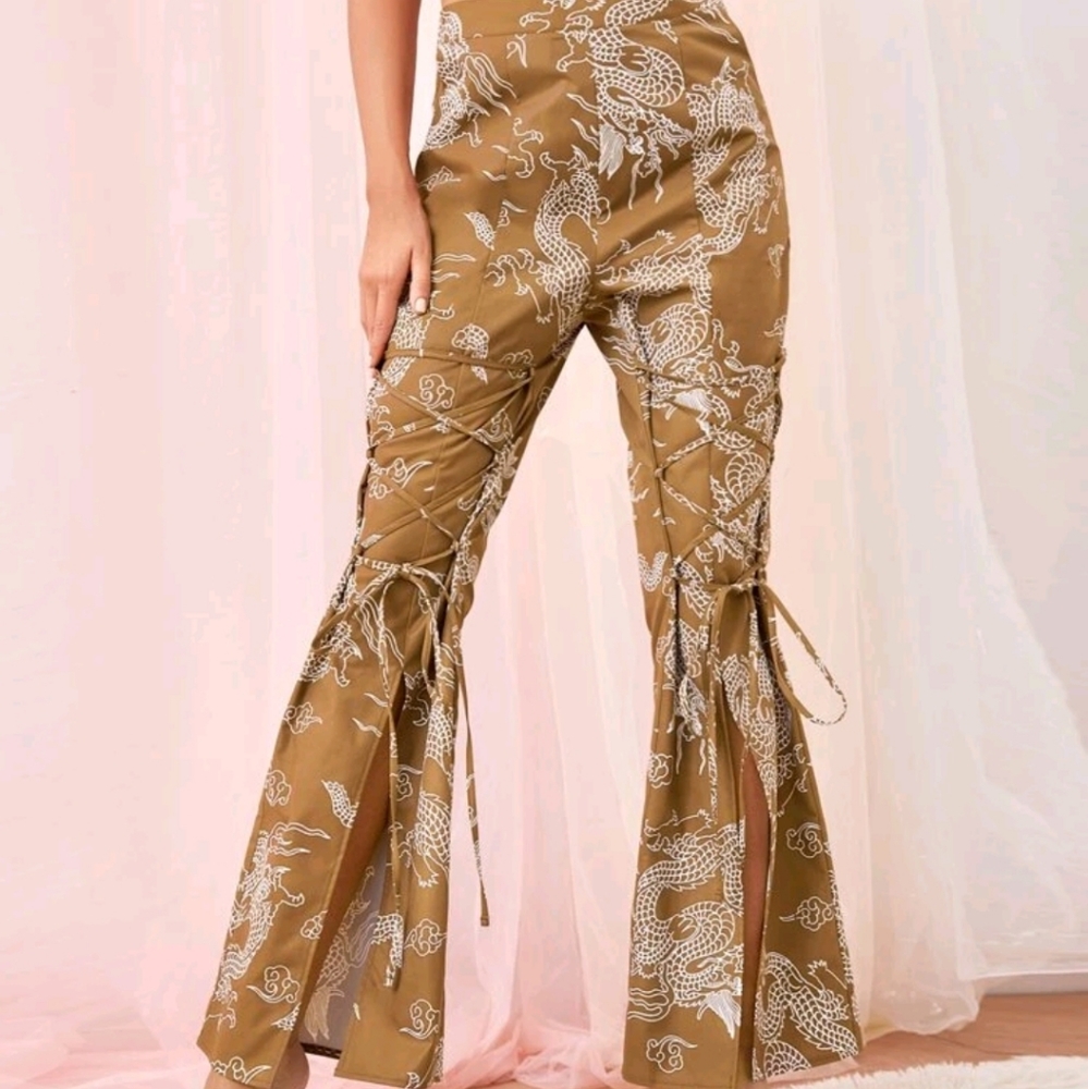Chinese dragon print lace-up flare leg pants